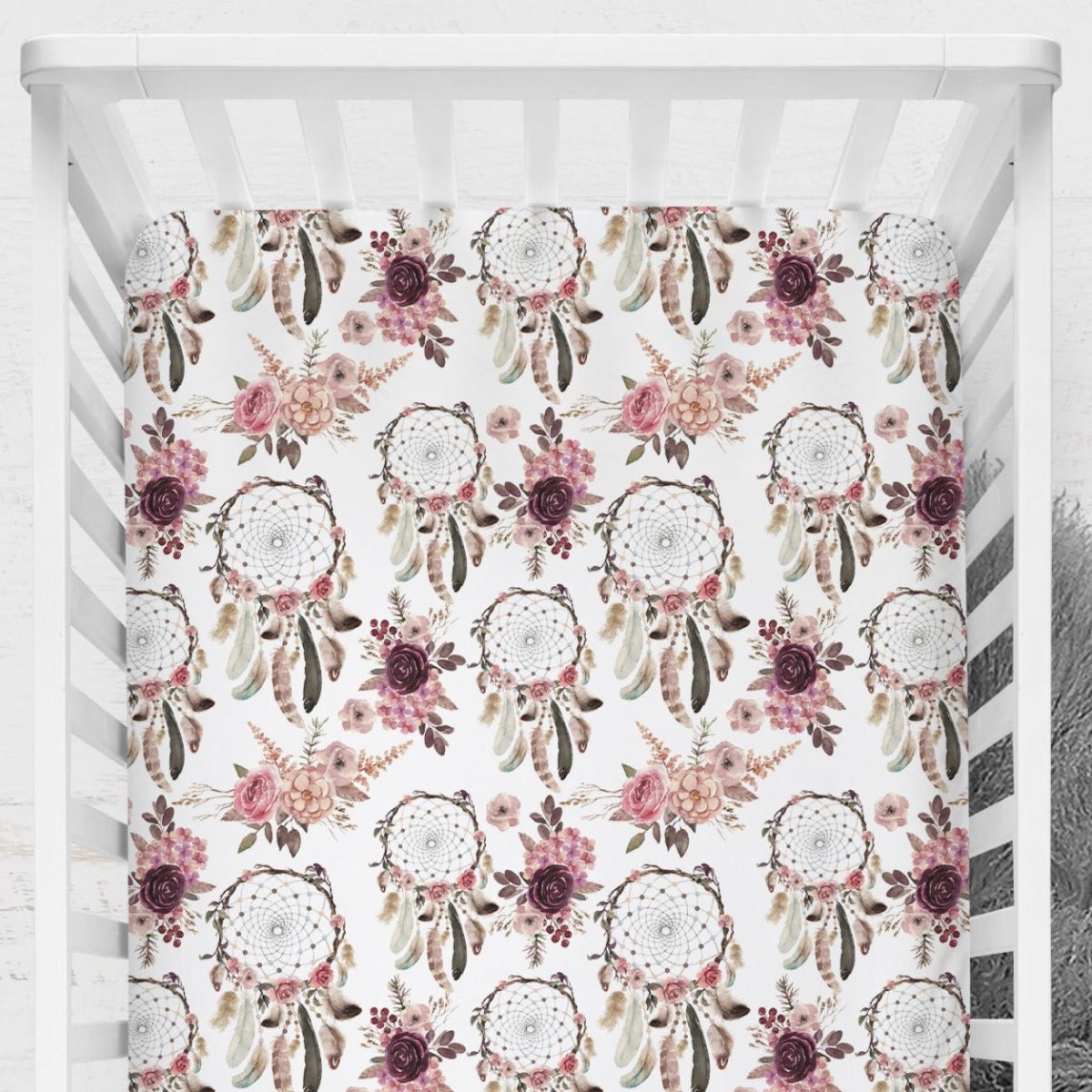 Floral Dreamcatcher Ruffled Crib Bedding - Floral Dreamcatcher, gender_girl, text