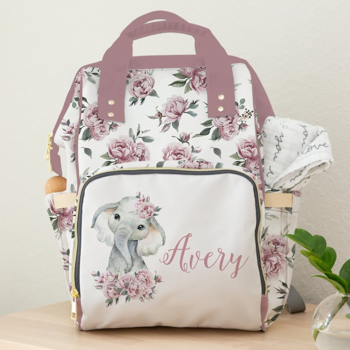 Floral Elephant Personalized Backpack Diaper Bag - Floral Elephant, gender_girl, text