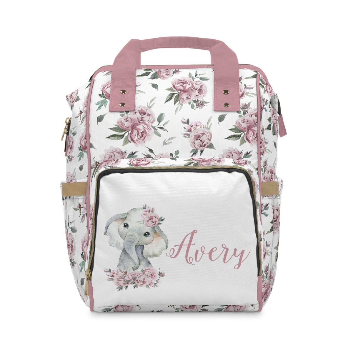 Floral Elephant Personalized Backpack Diaper Bag - Floral Elephant, gender_girl, text