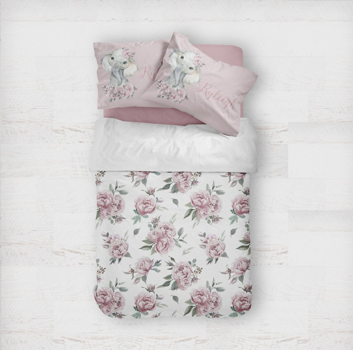 Floral Elephant Personalized Kids Bedding Set (Comforter or Duvet Cover) - Floral Elephant, gender_girl, text