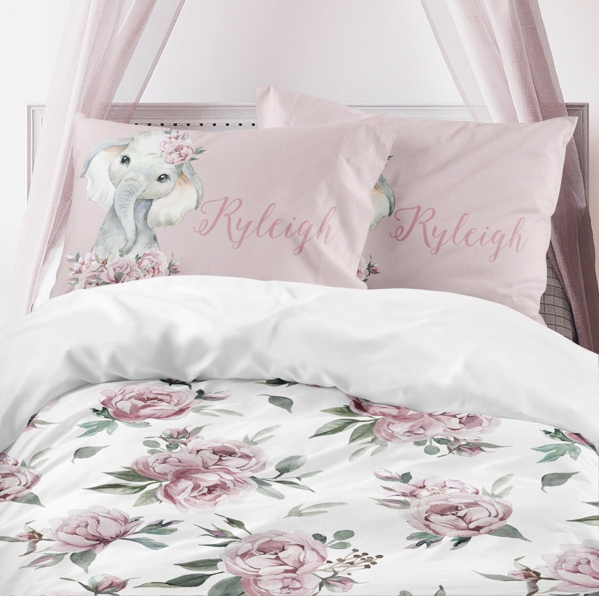 Floral Elephant Personalized Kids Bedding Set (Comforter or Duvet Cover)