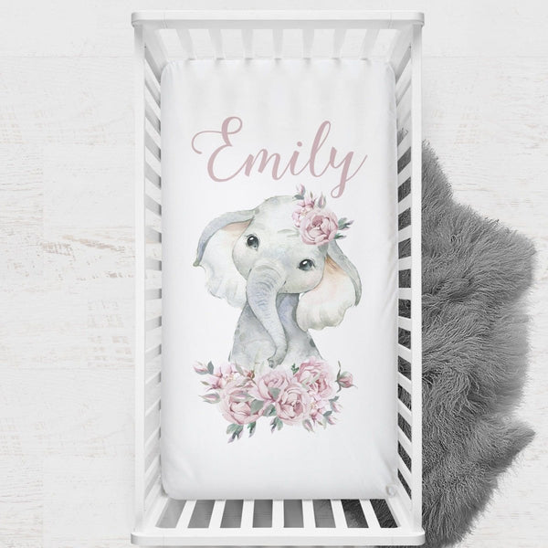 Floral Elephant Personalized Crib Sheet - gender_girl, Personalized_Yes, text