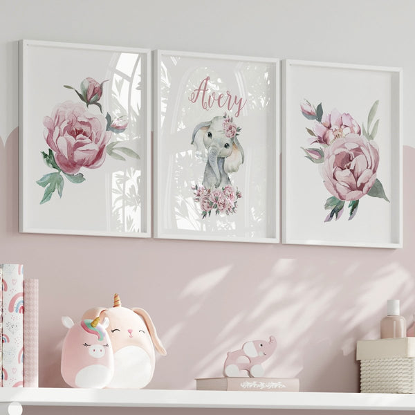 Floral Elephant Personalized Nursery Art - Wall Art