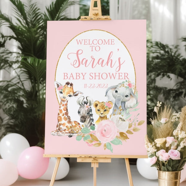 Floral Jungle Animal Baby Shower Welcome Sign - Floral Jungle, gender_girl, text