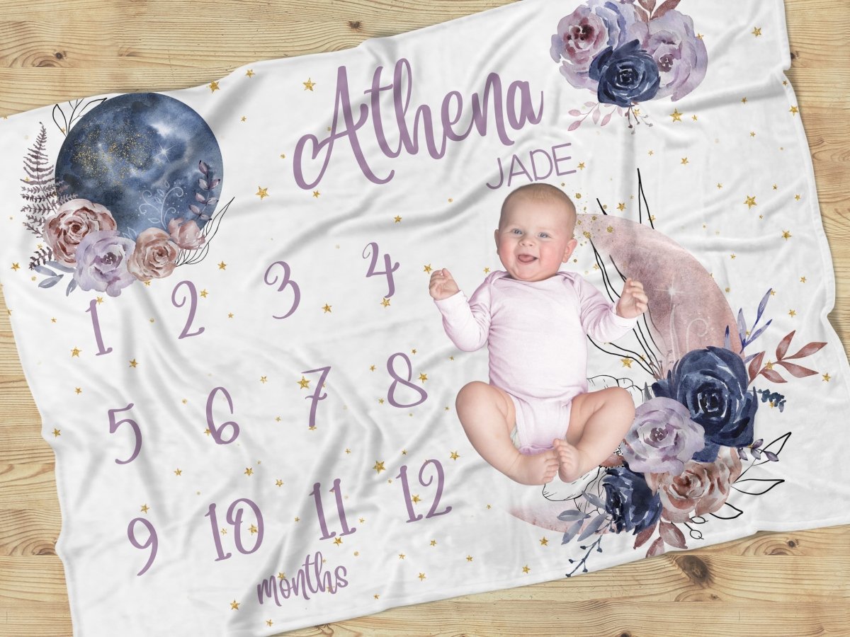 Floral Moon Milestone Minky Blanket - Floral Moon, gender_girl, text