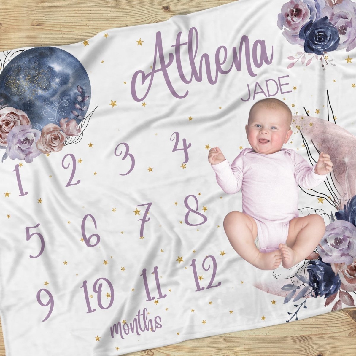 Floral Moon Milestone Minky Blanket - Floral Moon, gender_girl, text