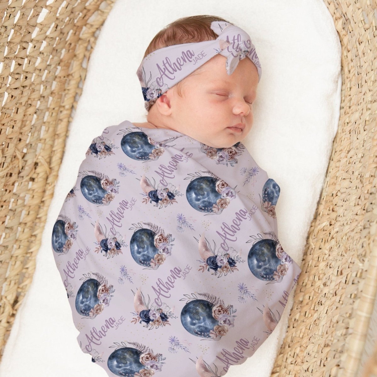 Floral Moon Personalized Swaddle Blanket Set