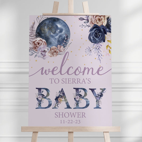 Floral Moon Purple Baby Shower Welcome Sign - Floral Moon, gender_girl, text