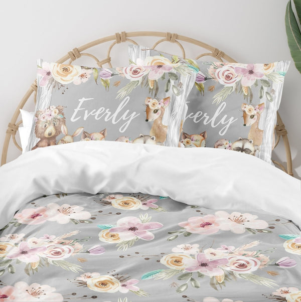 Floral Woodlands Gray Kids Bedding Set (Comforter or Duvet Cover) - Floral Woodlands, gender_girl, text