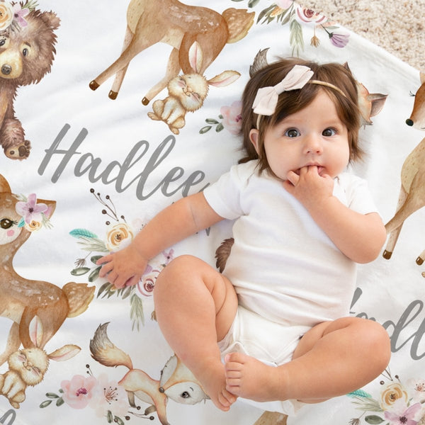 Floral Woodlands Personalized Baby Blanket - Minky Blanket