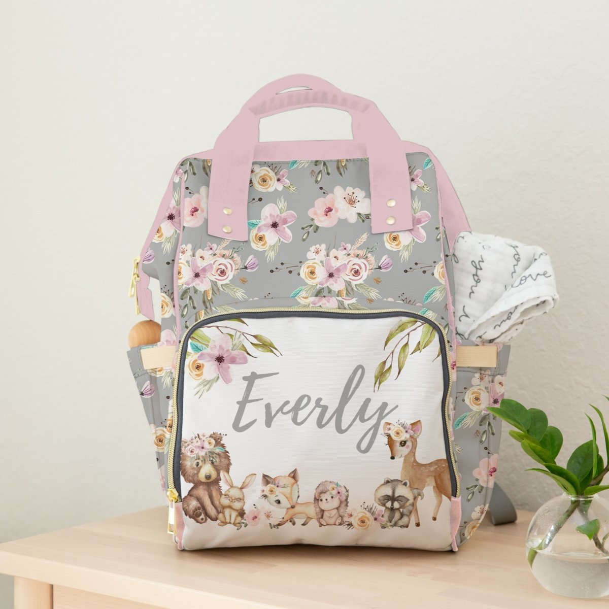 Floral Woodlands Personalized Backpack Diaper Bag - Floral Woodlands, gender_girl, text