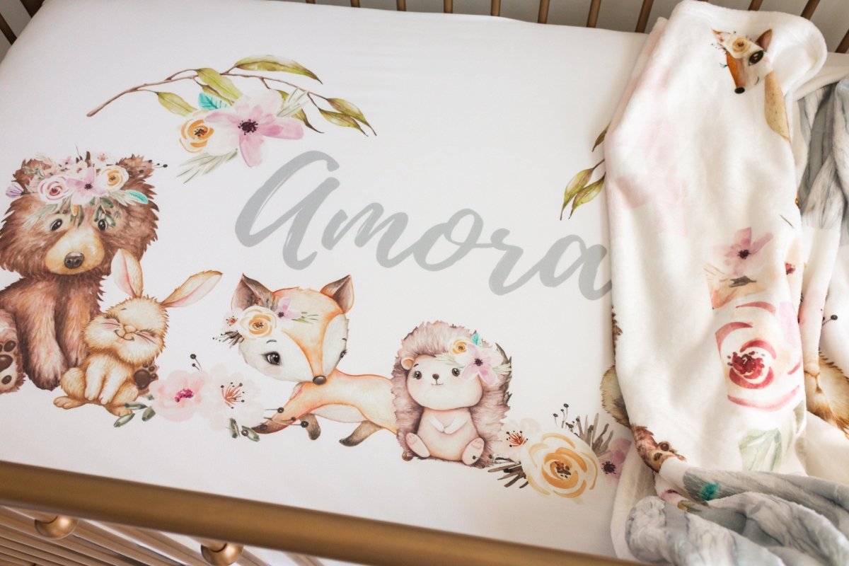 Floral Woodlands Personalized Crib Sheet - gender_girl, Personalized_Yes, text