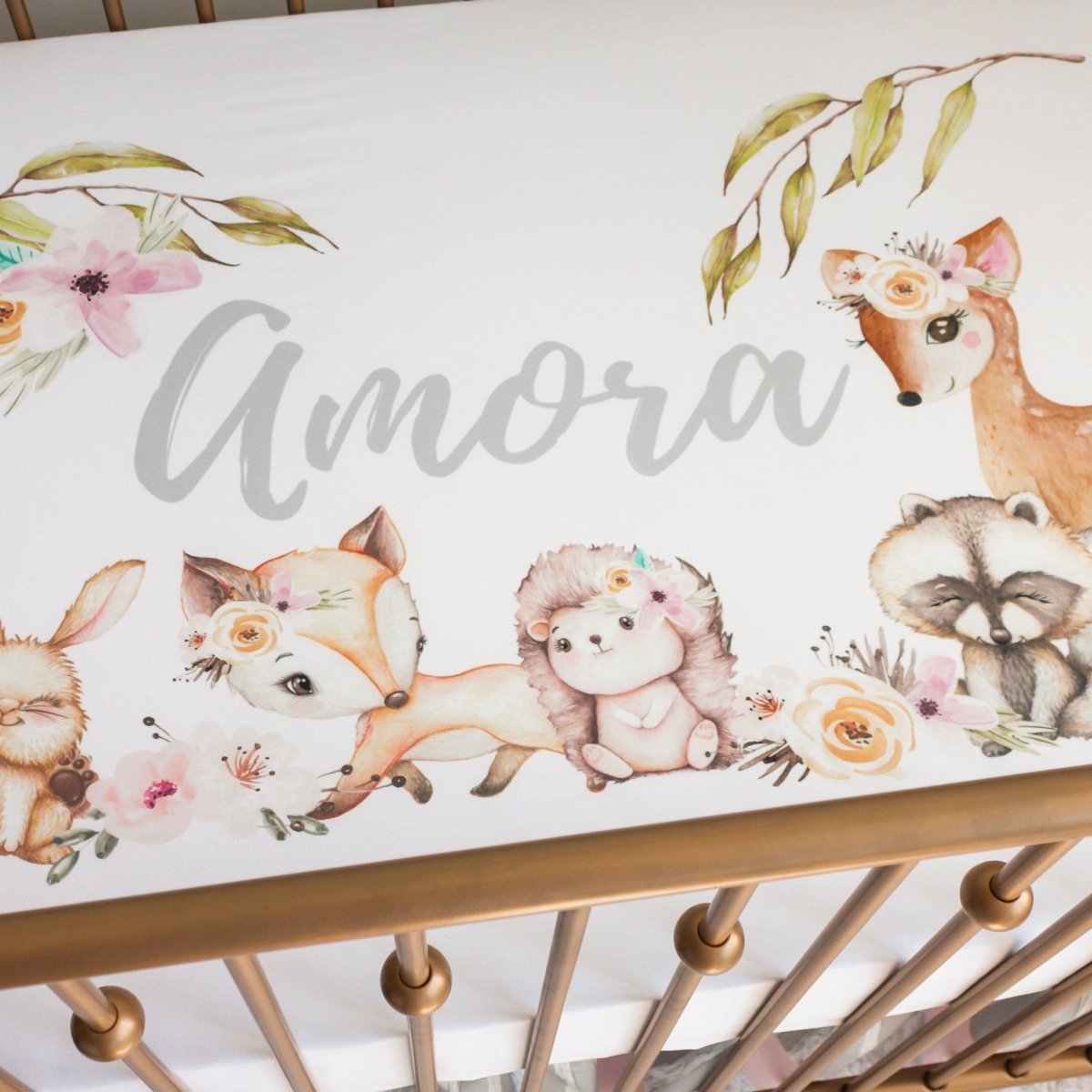 Floral Woodlands Personalized Crib Sheet - gender_girl, Personalized_Yes, text
