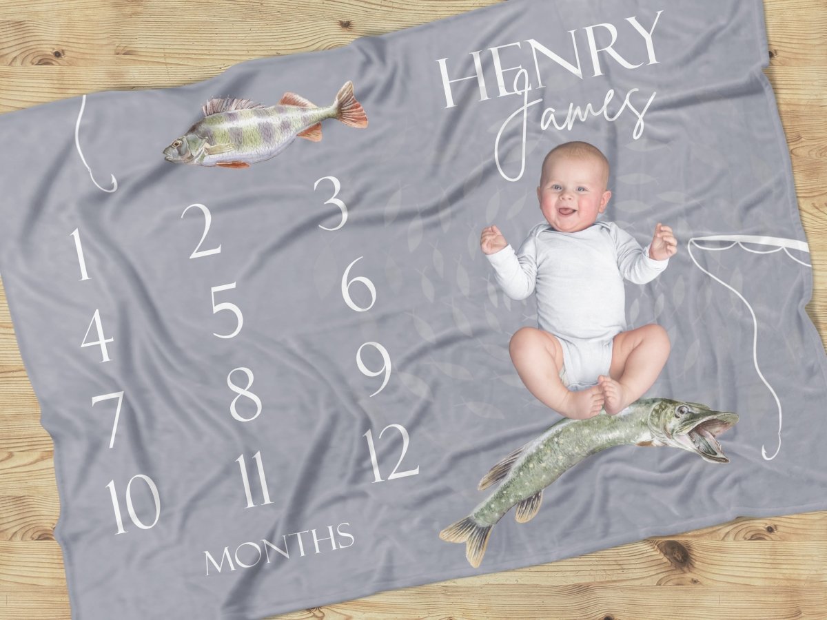 Gone Fishing Milestone Minky Blanket - gender_boy, Gone Fishing, text