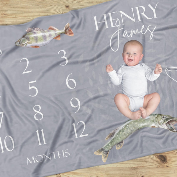 Gone Fishing Milestone Minky Blanket - gender_boy, Gone Fishing, text