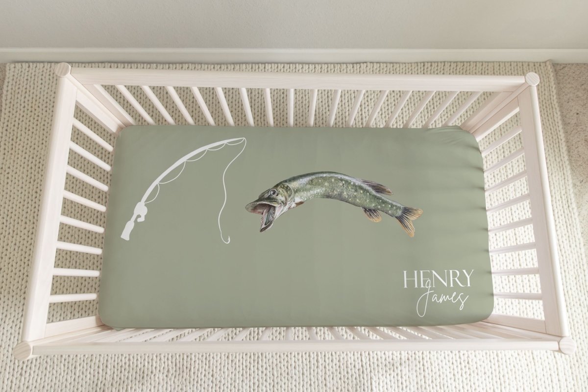 Gone Fishing Personalized Crib Sheet - gender_boy, Personalized_Yes, text