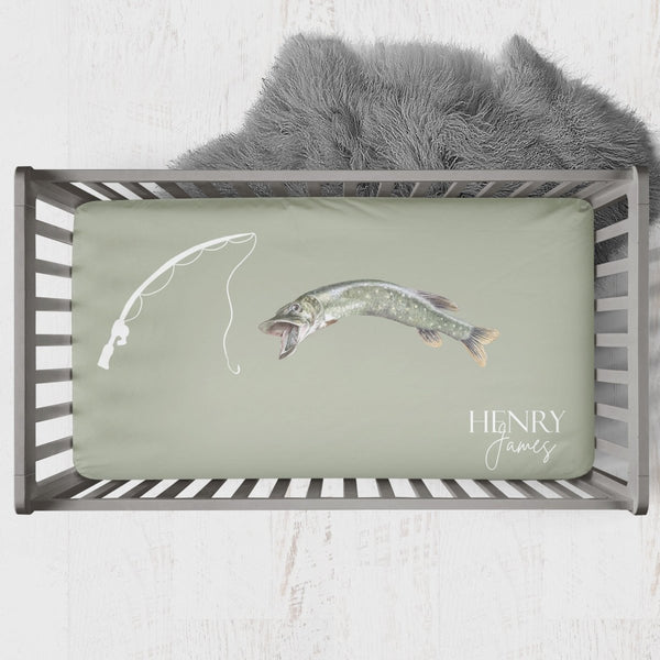 Gone Fishing Personalized Crib Sheet - gender_boy, Personalized_Yes, text