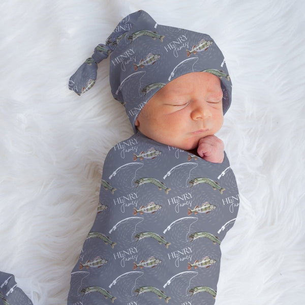 Gone Fishing Personalized Swaddle Blanket Set - gender_boy, Gone Fishing, text