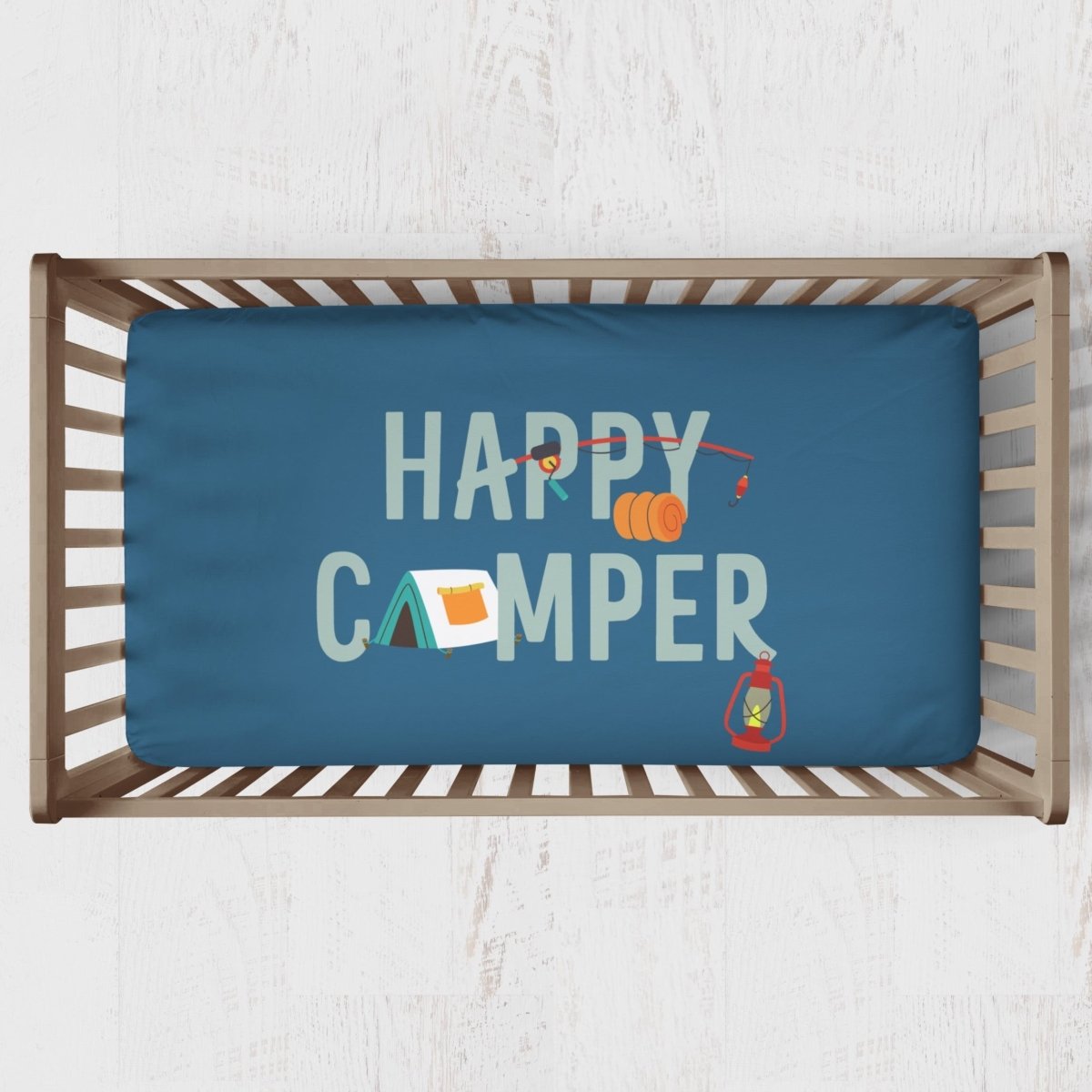 Happy Camper Crib Sheet - gender_boy, Theme_Adventure, Theme_Woodland