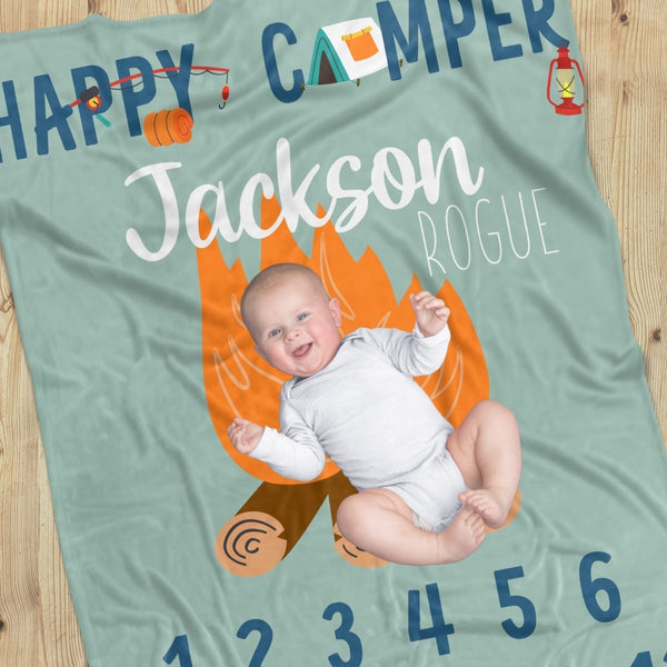 Happy Camper Milestone Minky Blanket - gender_boy, Happy Camper, text