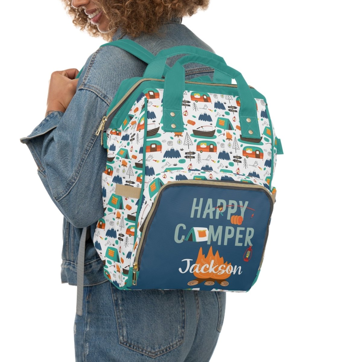 Happy Camper Personalized Backpack Diaper Bag - gender_boy, Happy Camper, text