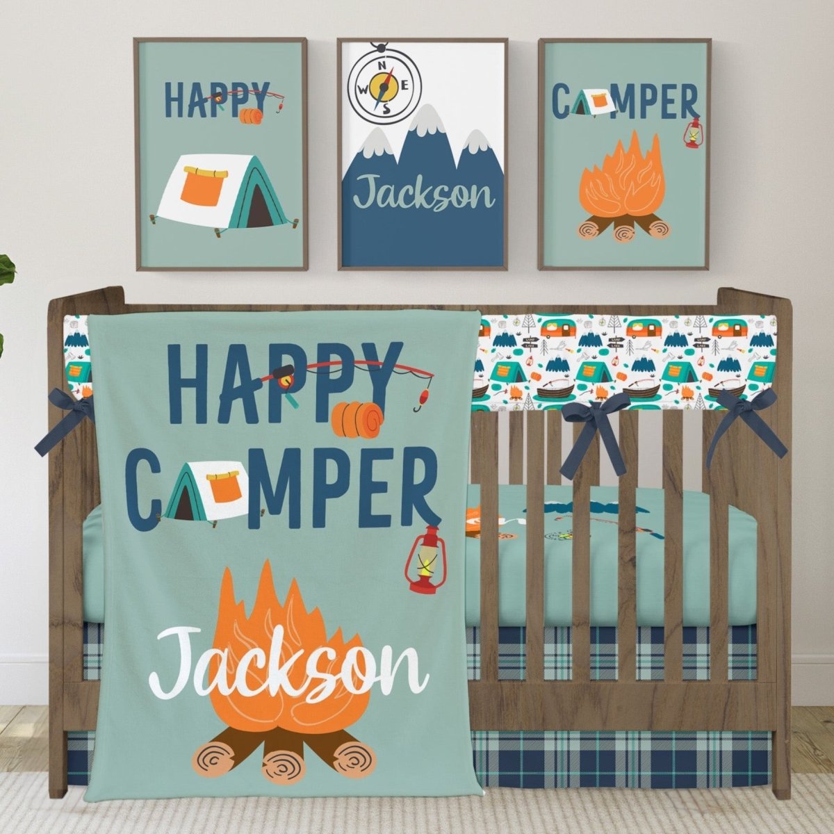 Happy Camper Personalized Crib Bedding - gender_boy, Happy Camper, Personalized_Yes