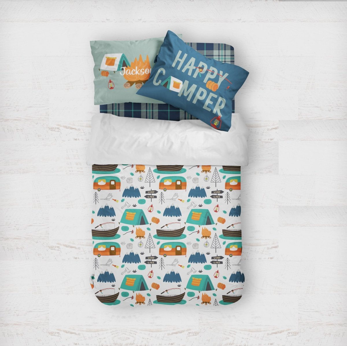 Happy Camper Personalized Kids Bedding Set (Comforter or Duvet Cover) - gender_boy, Happy Camper, text