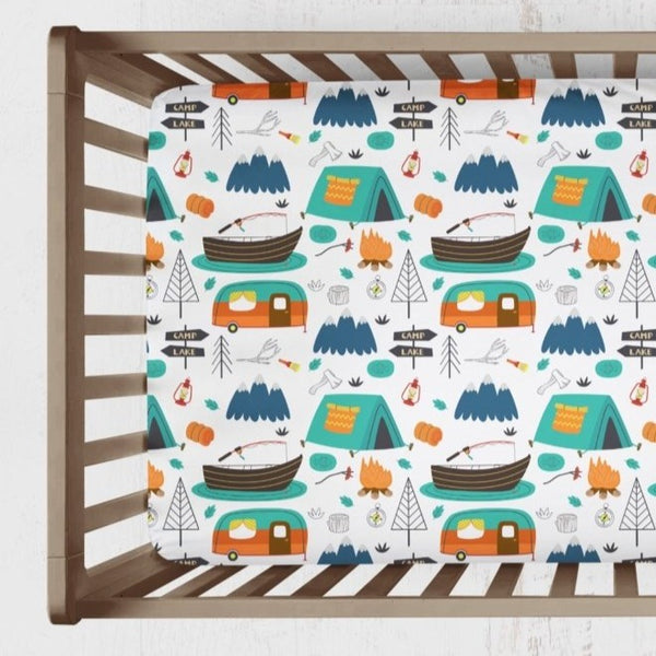 Happy Camper Print Crib Sheet - gender_boy, Theme_Adventure, Theme_Woodland