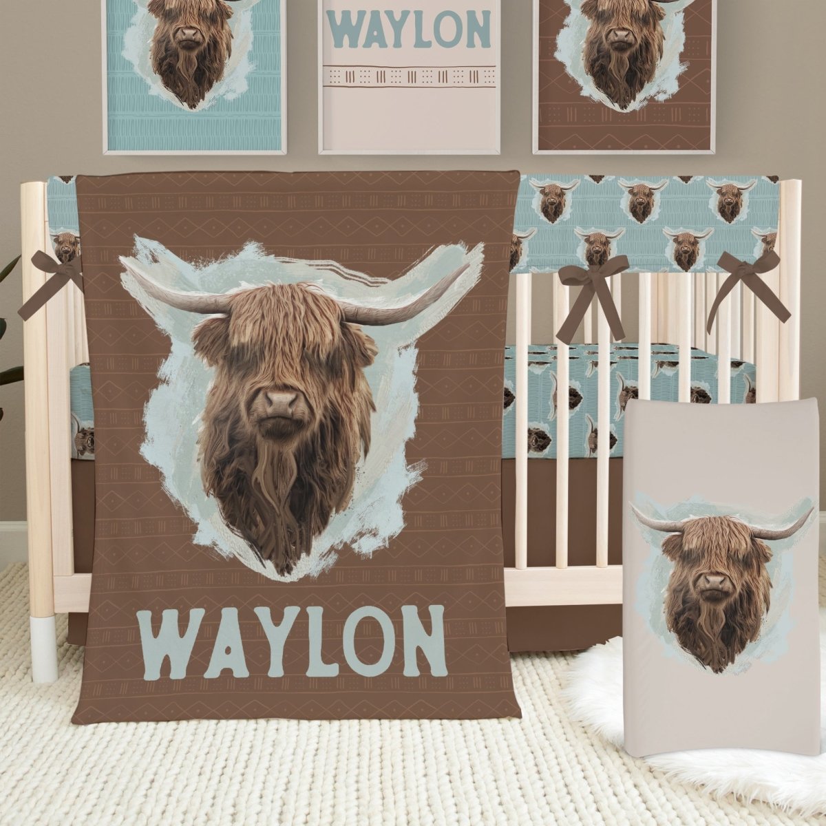 Highland Cow Boy Blue Changing Pad Cover - gender_boy, Highland Cow Boy, Theme_Boho