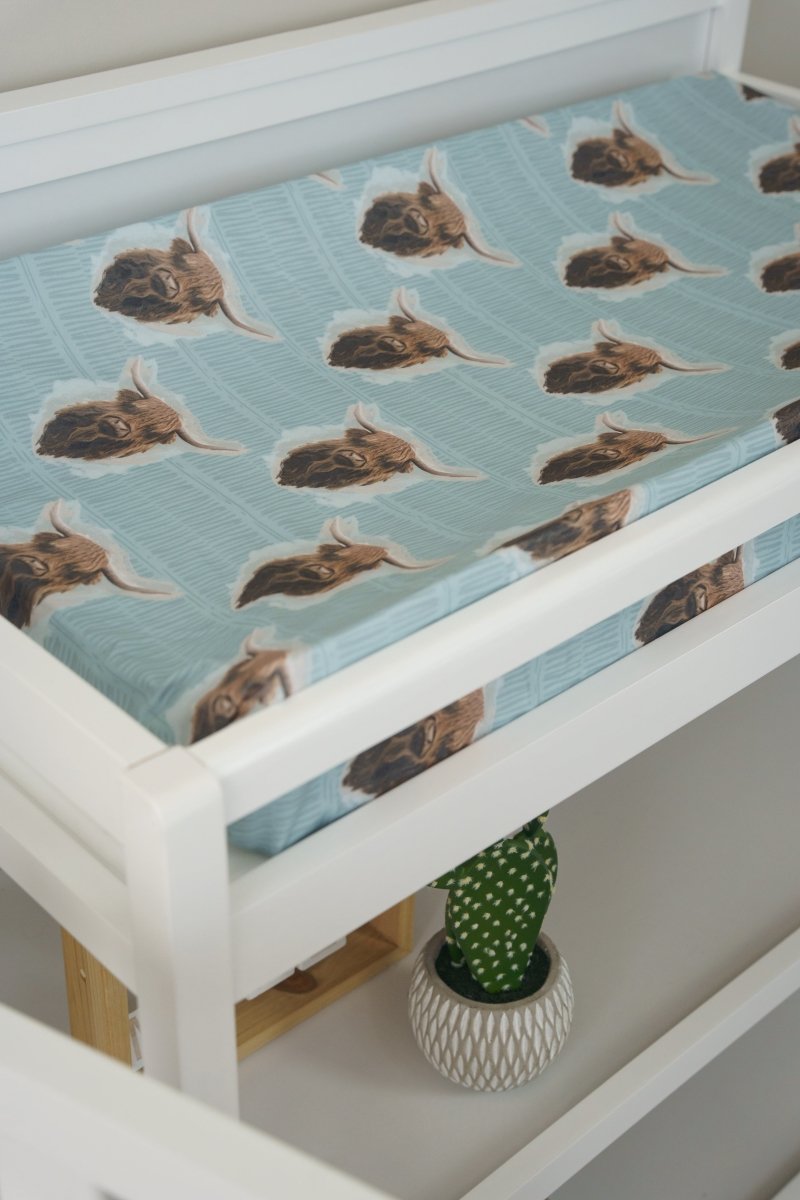 Highland Cow Boy Blue Changing Pad Cover
