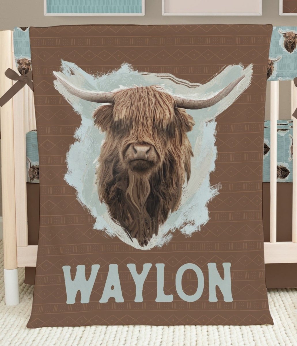 Highland Cow Boy Crib Bedding - gender_boy, Highland Cow Boy, text