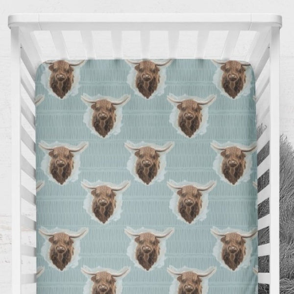 Highland Cow Boy Crib Sheet - gender_boy, Theme_Boho, Theme_Southwestern