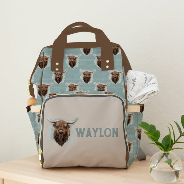 Highland Cow Boy Personalized Backpack Diaper Bag - gender_boy, Highland Cow Boy, text