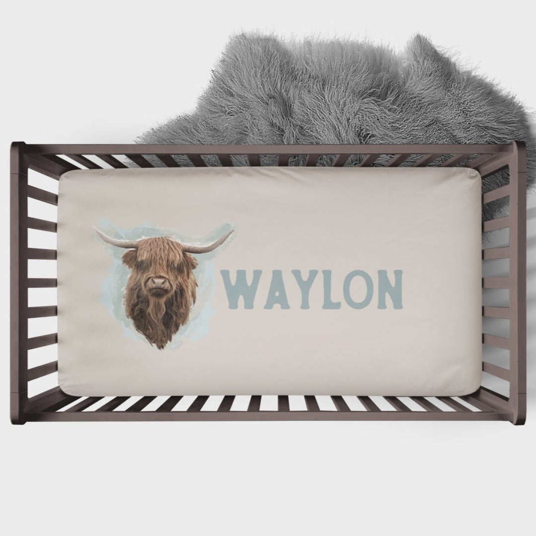 Highland Cow Boy Personalized Crib Sheet - gender_boy, Personalized_Yes, text