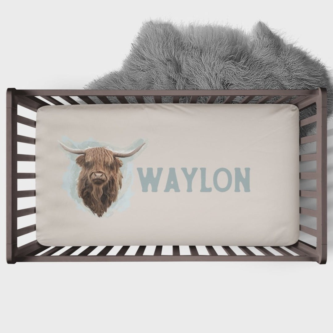 Highland Cow Boy Personalized Crib Sheet