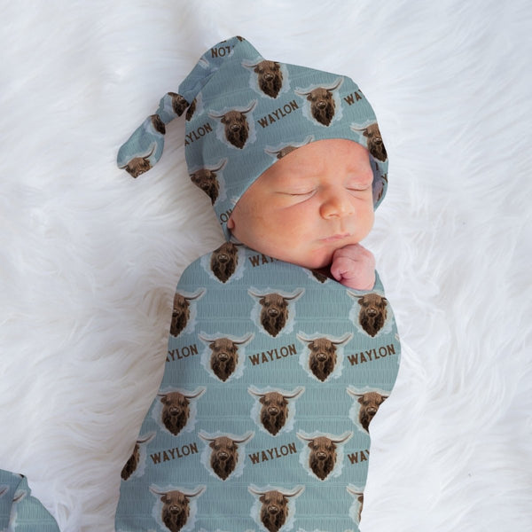 Highland Cow Boy Personalized Swaddle Blanket Set - gender_boy, Highland Cow Boy, text