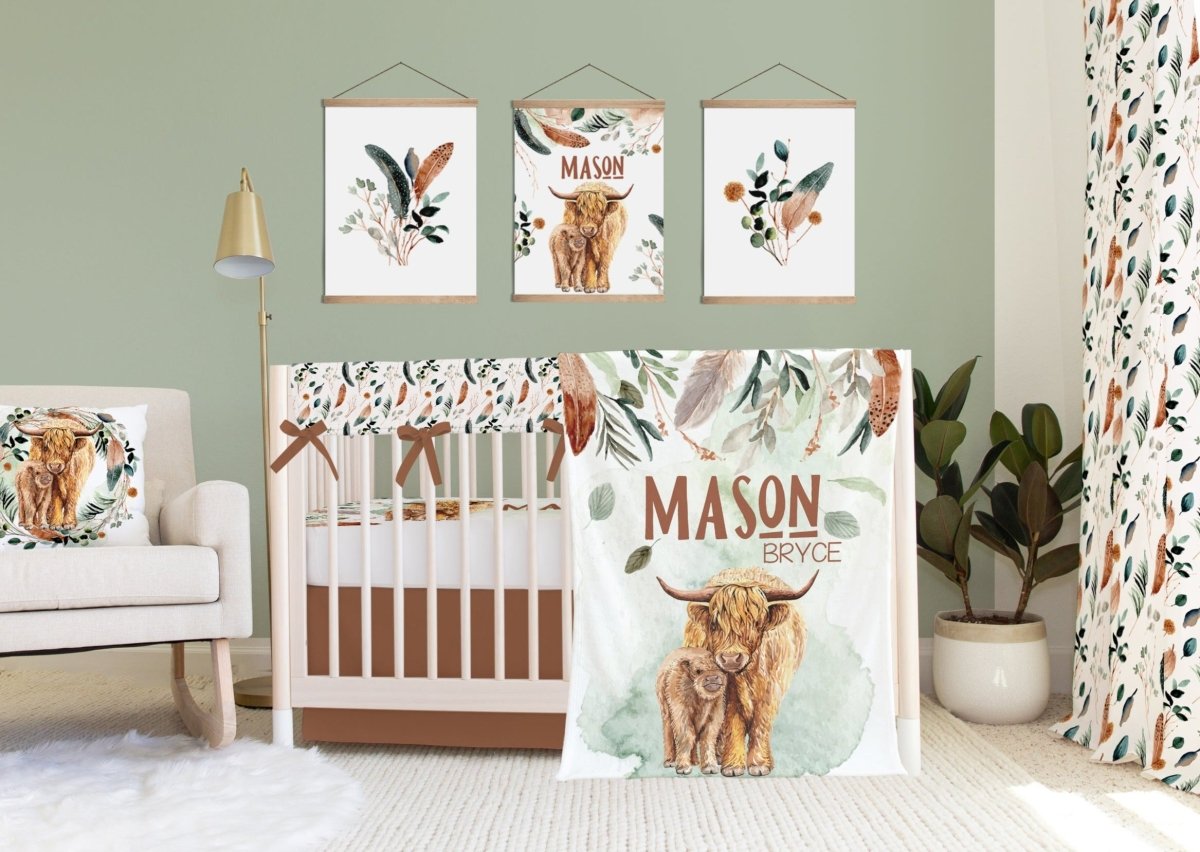 Highland Cow Feathers Crib Bedding - gender_boy, Highland Cow Feathers, text