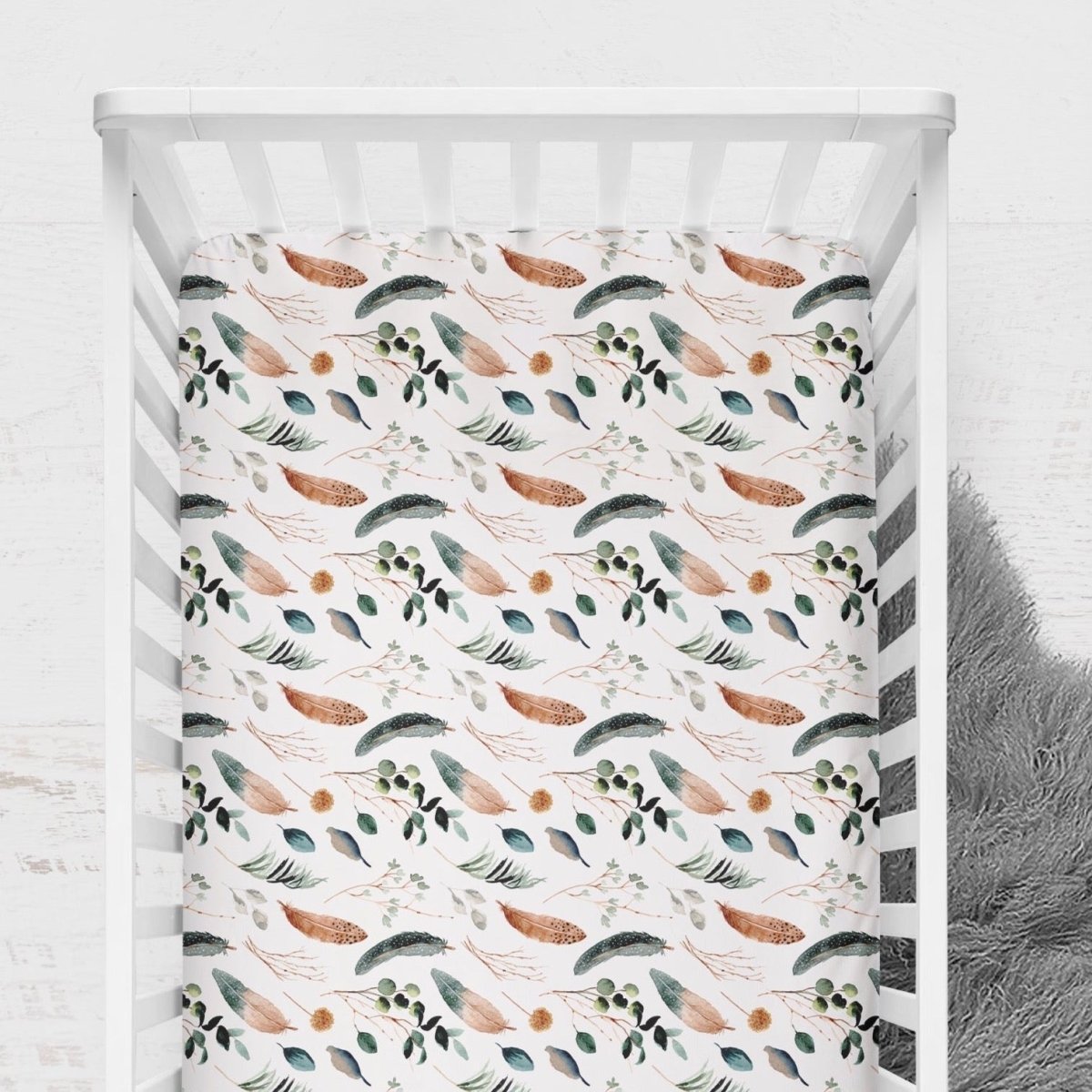 Highland Cow Feathers Crib Sheet - gender_boy, Theme_Boho, Theme_Southwestern