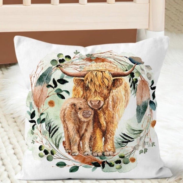 Highland Cow Feathers Nursery Pillow - gender_boy, Highland Cow Feathers, Theme_Boho