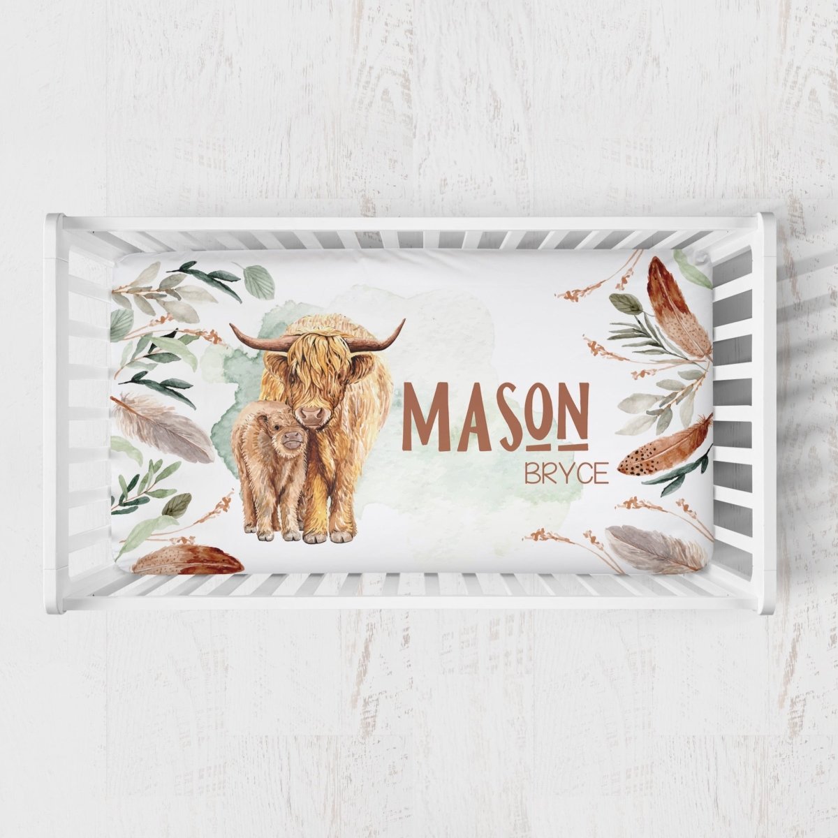 Highland Cow Feathers Personalized Crib Sheet - gender_boy, Personalized_Yes, text