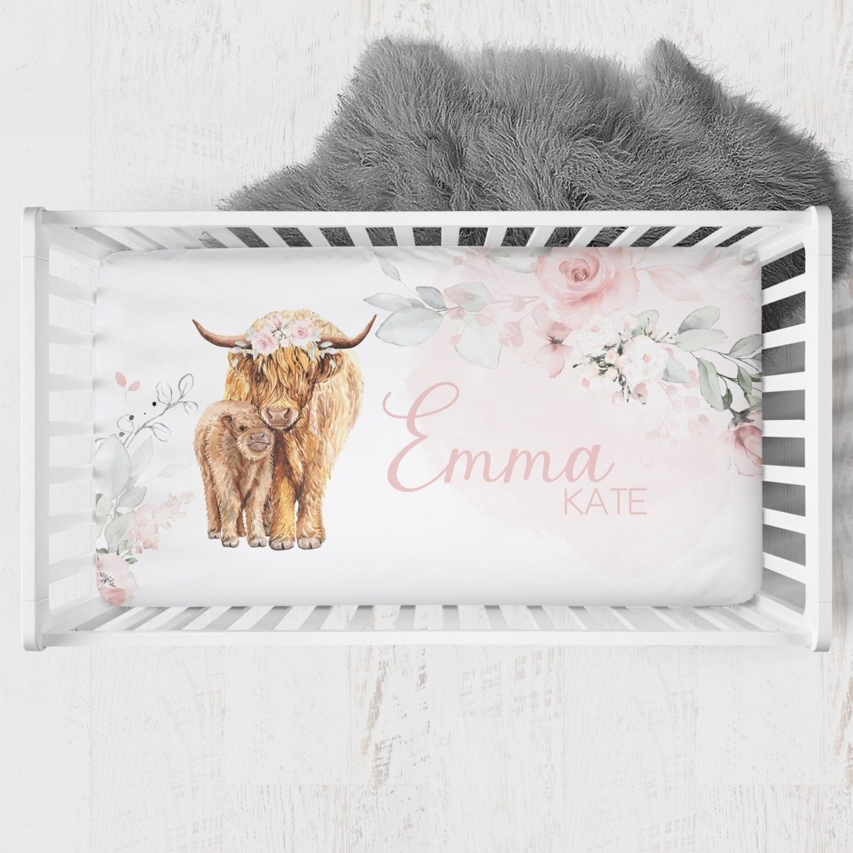 Highland Cow Floral Crib Bedding - gender_girl, Highland Cow Floral, text