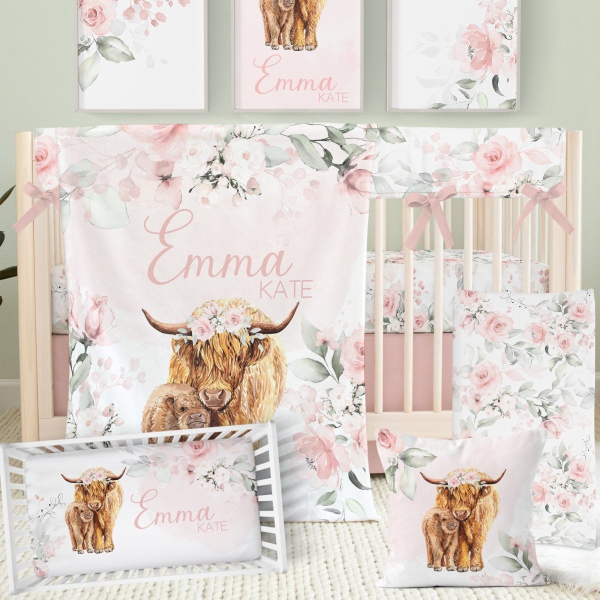 Highland Cow Floral Crib Sheet - gender_girl, Theme_Boho, Theme_Floral