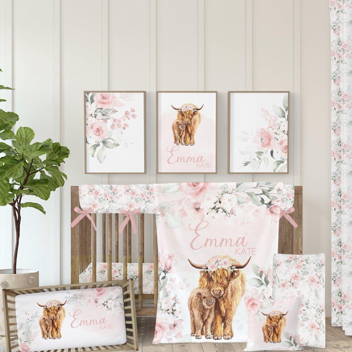 Pink Highland Cow Nursery Collection for Baby Girl Nursery Modified Tot