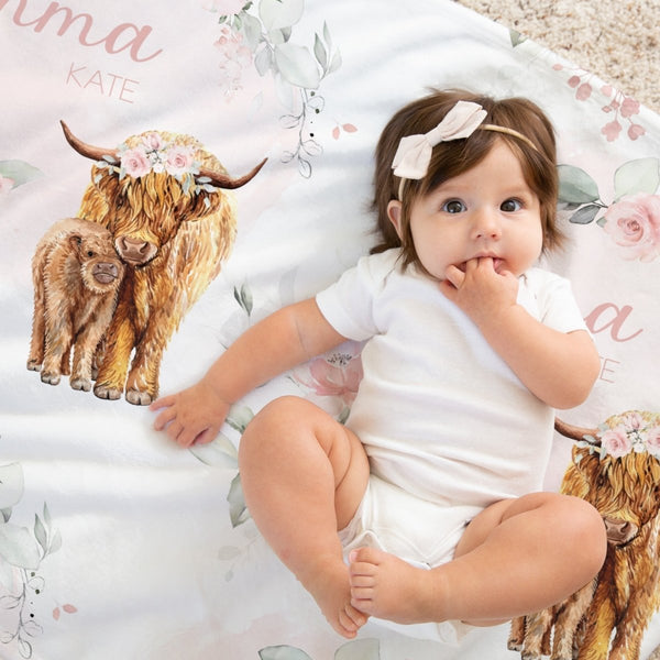 Highland Cow Floral Personalized Baby Blanket - gender_girl, Highland Cow Floral, Personalized_Yes