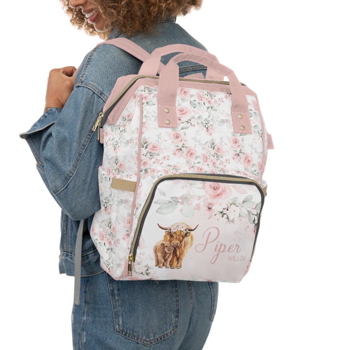 Highland Cow Floral Personalized Backpack Diaper Bag - gender_girl, Highland Cow Floral, text