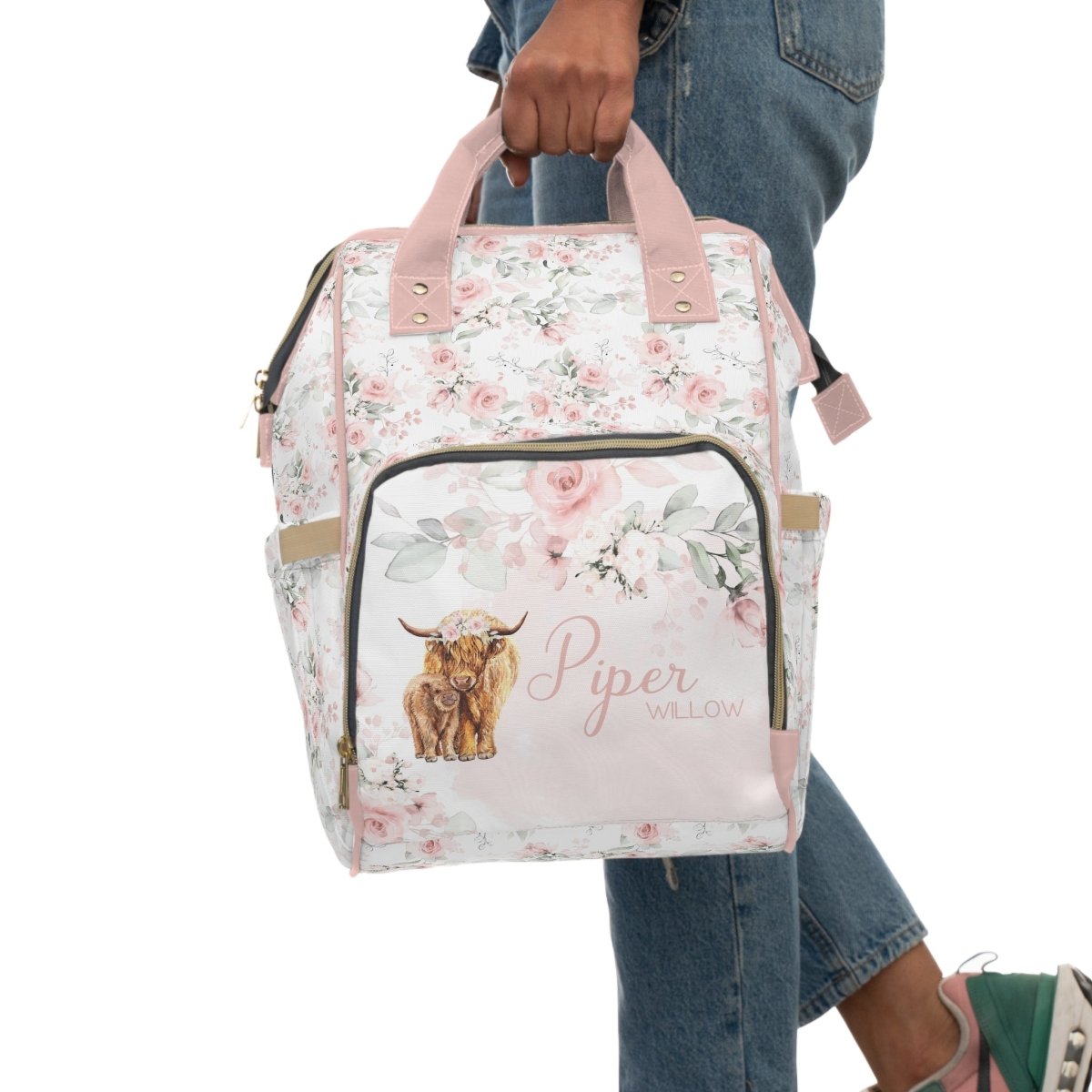 Highland Cow Floral Personalized Backpack Diaper Bag - gender_girl, Highland Cow Floral, text