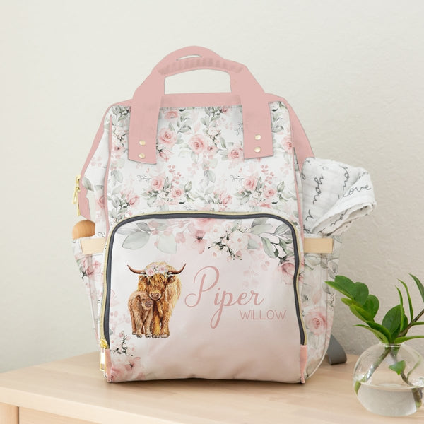 Highland Cow Floral Personalized Backpack Diaper Bag - gender_girl, Highland Cow Floral, text