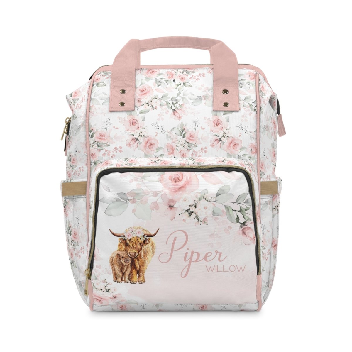 Highland Cow Floral Personalized Backpack Diaper Bag - gender_girl, Highland Cow Floral, text