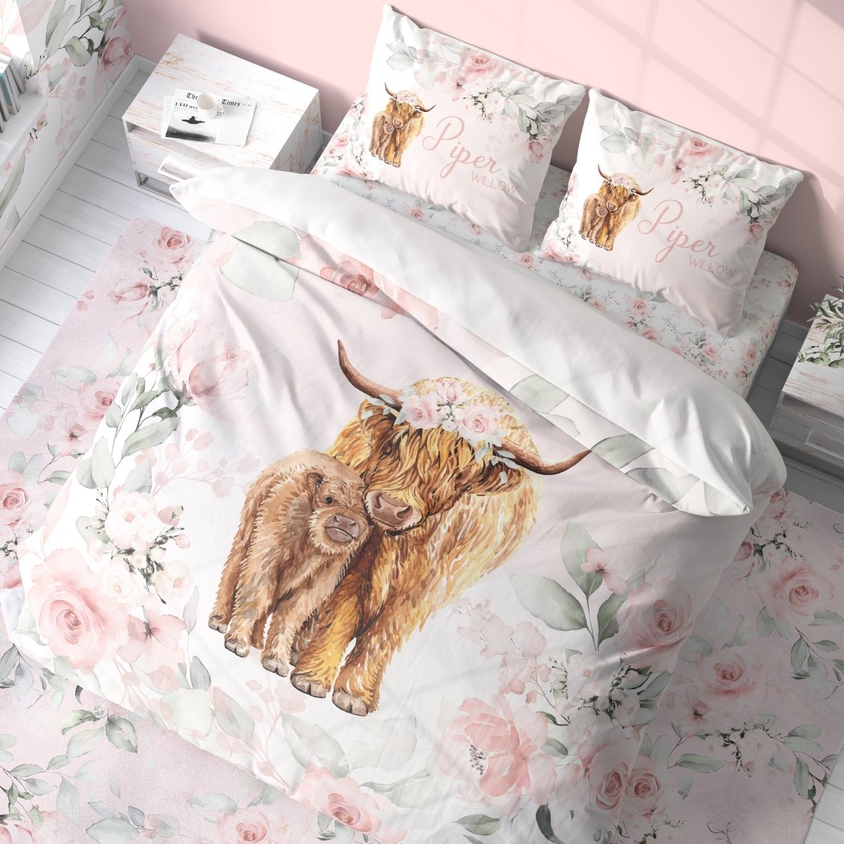 Highland Cow Floral Personalized Kids Bedding Set (Comforter or Duvet Cover) - gender_girl, Highland Cow Floral, text