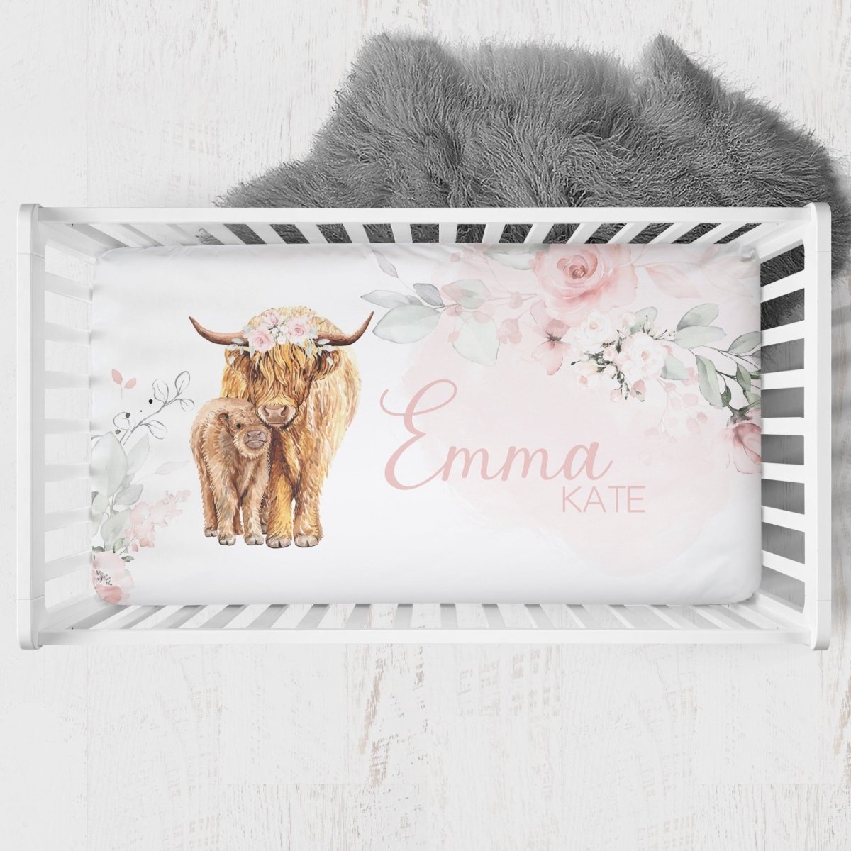 Highland Cow Floral Personalized Crib Sheet - gender_girl, Personalized_Yes, text